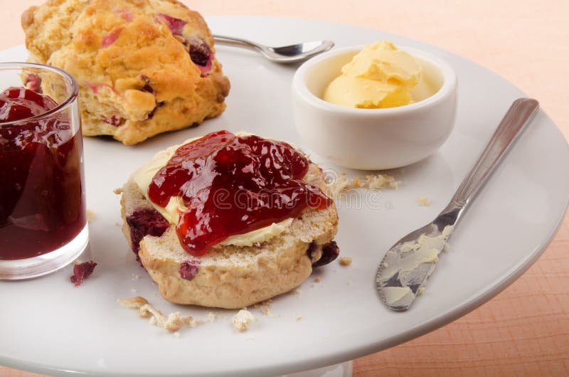 Scone with Strawberry Jam and Butter on a Cake Stand Stock Photo Image of margarine, butter