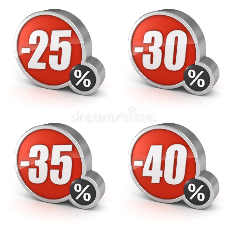 Sconti l'icona di vendita 3d di 25% 30% 35% 40% su fondo bianco royalty illustrazione gratis Sconti l'icona di vendita 3d di 25% 30% 35% 40% su fondo bianco royalty illustrazione gratis