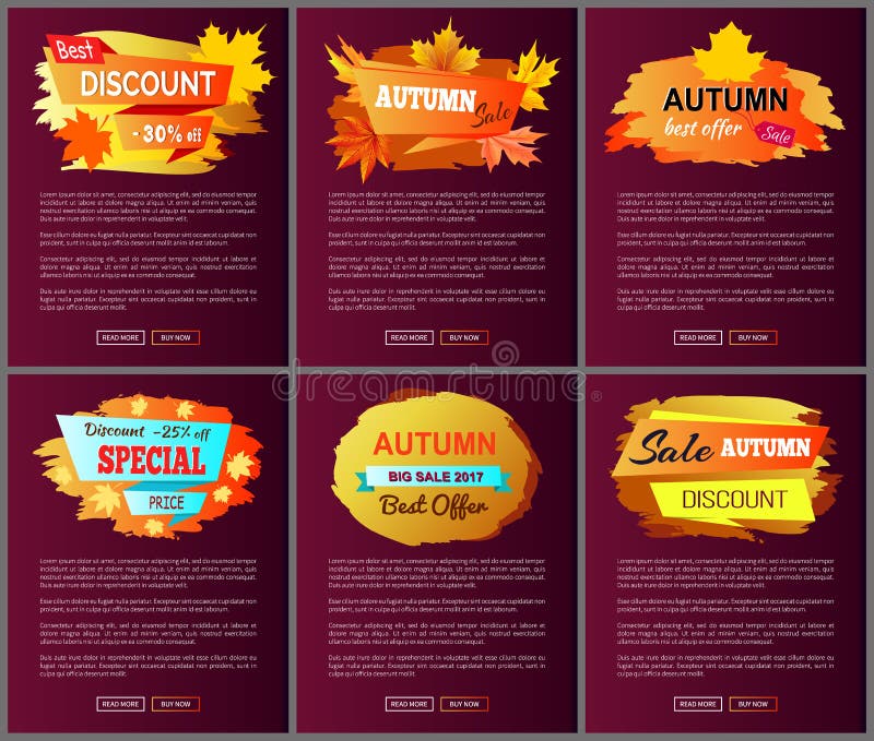 Autumn big sale 2017 best offer special price discounts on fall collection web banners with buttons read and buy now vector set of posters with leaves. Autumn big sale 2017 best offer special price discounts on fall collection web banners with buttons read and buy now vector set of posters with leaves