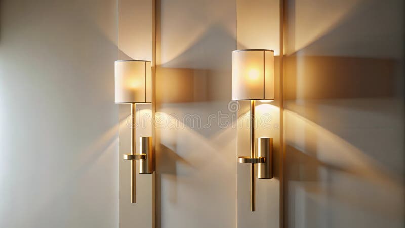Sconturi moderne de perete iluminate au aruncat lumină caldă pe un perete texturat. IA generativă stock illustration