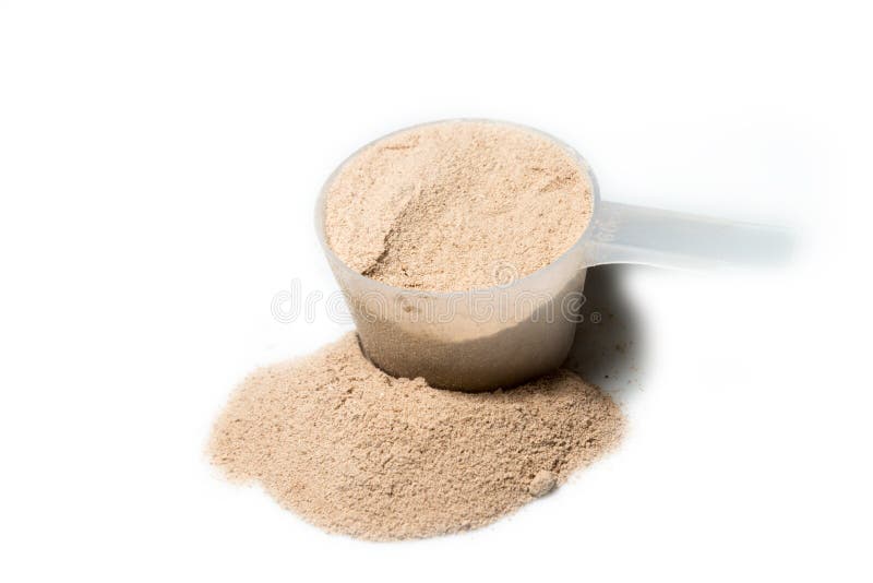 Scoop of chocolate flavour protein powder isolated on white background