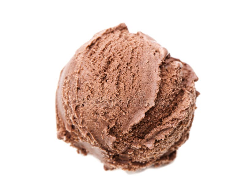 A scoop of chocolate ice cream from birds eye view isolated on white background.