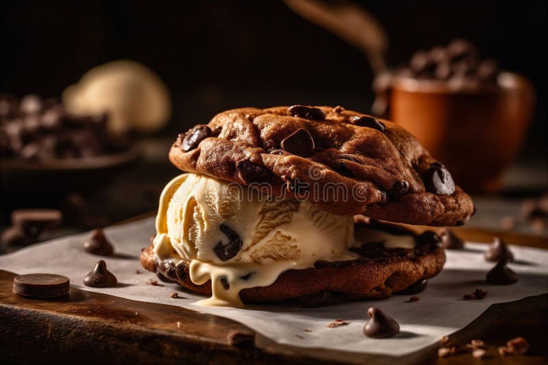 Scoop of Creamy Vanilla Ice Cream Sandwiched between Two Chewy Chocolate  Chip Cookies. AI Generated. Stock Photo - Image of refreshing, generated:  279974812