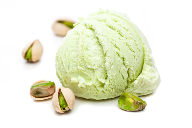 A scoop of pistachio ice cream with pistachios isolated on white background.

Real edible sweet ice cream, no artificial ingredients used!