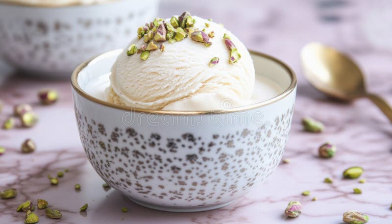 Scoop of vanilla ice cream with pistachios resting in a bowl stock image