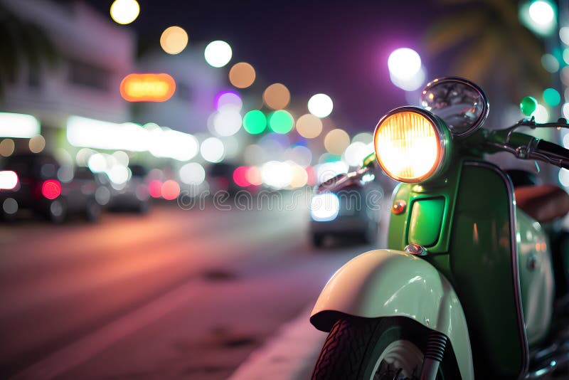 Scooter à Ocean Drive Miami Beach La Nuit Avec Néon Lumières Des