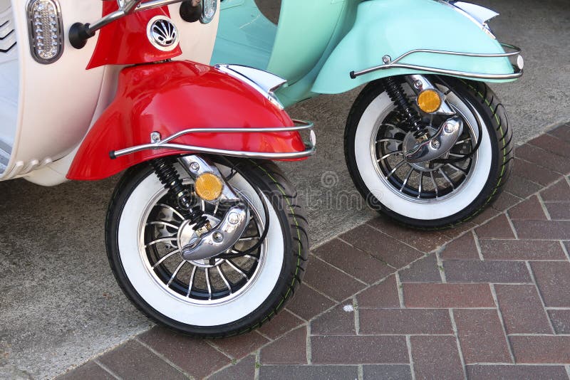 Scooter Front Wheels Standing Parked on the Street Editorial Photo