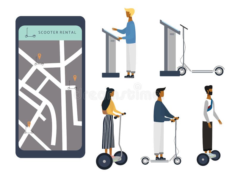 Scooter sharing of het samenstel van het huurconcept Vrouw, mannen op e-scooter rijden app voor elektrische scooterhuur vector illustratie Scooter sharing of het samenstel van het huurconcept Vrouw, mannen op e-scooter rijden app voor elektrische scooterhuur vector illustratie