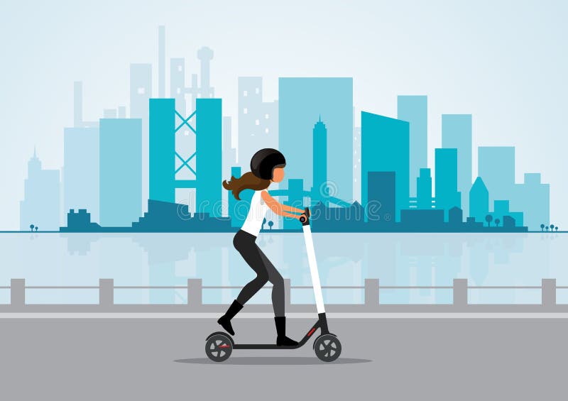 Scooter électrique de tour de femme à un arrière-plan de paysage urbain