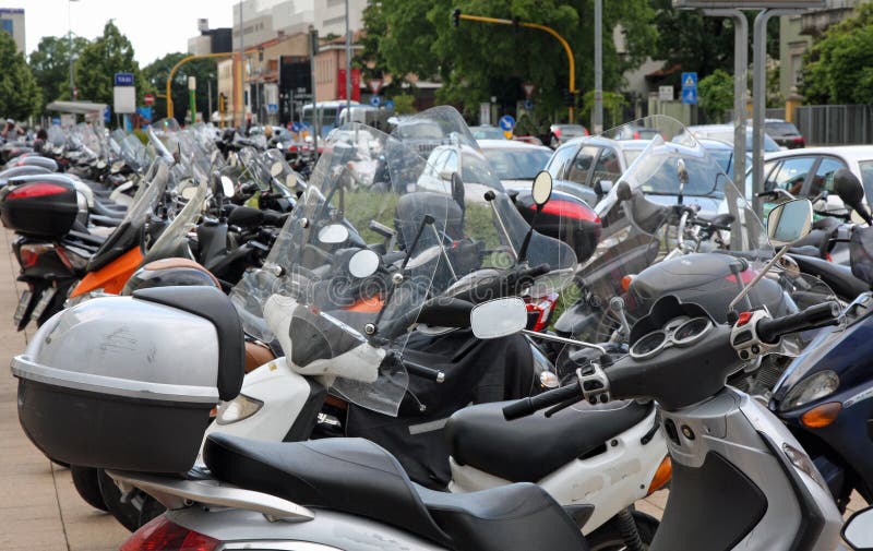 Scooters and Motorcycles Parked in Road Car Park Stock Image Image of