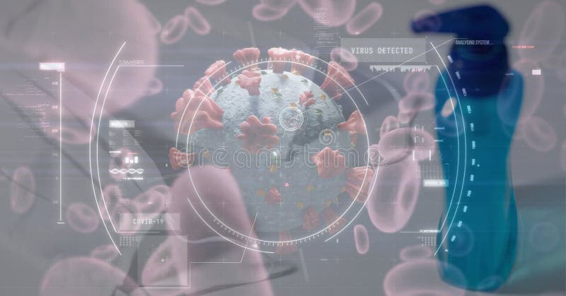 Scope scanning Covid-19 cells against bottle of sanitizer in background. Digital illustration of scope scanning, macro Covid-19 cells floating over a bottle of stock image Scope scanning Covid-19 cells against bottle of sanitizer in background. Digital illustration of scope scanning, macro Covid-19 cells floating over a bottle of stock image