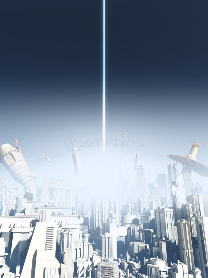 Explosion in a futuristic science fiction city being attacked from above with an energy beam, 3d digitally rendered illustration. Explosion in a futuristic science fiction city being attacked from above with an energy beam, 3d digitally rendered illustration