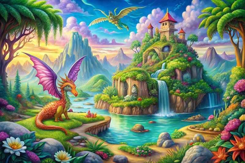 Scopri un'isola magica nascosta da questa incantevole pagina di colori paesaggistici di Dragon royalty illustrazione gratis