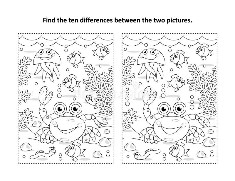 Scoprite dieci differenze tra rompicapo e pagina colorante granchio marino vita in bianco e nero