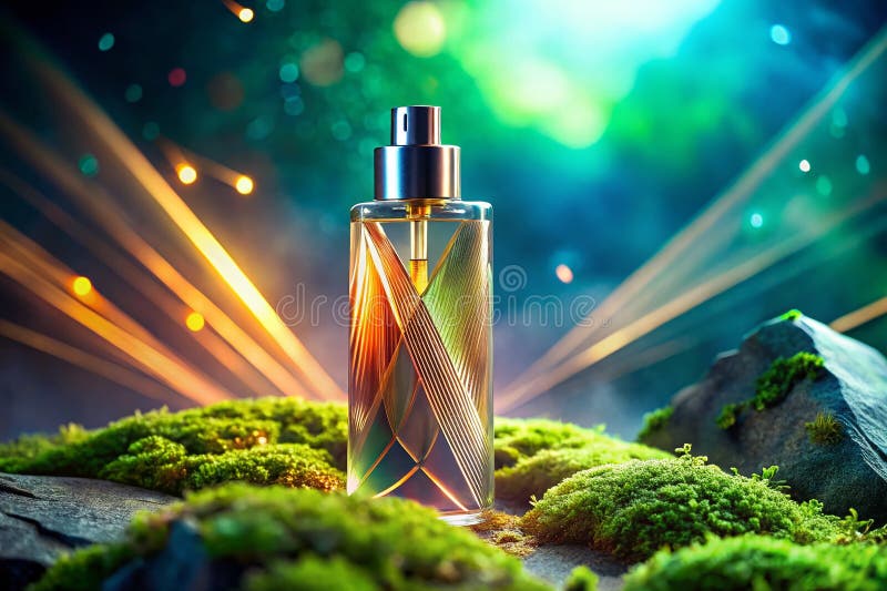 Vivi il Futuro della Fragranza Una Pubblicità Futuristica di Body Spray con Particelle Luminose su Pietra Muschiata royalty illustrazione gratis