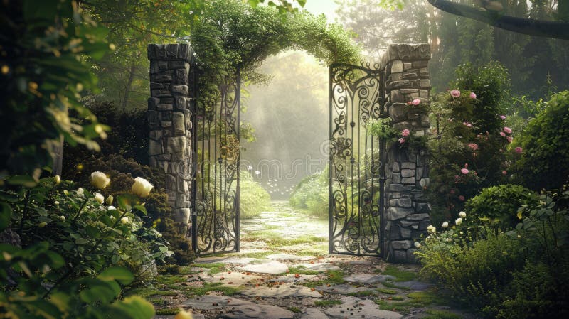 Discover tranquility in a secret garden with a vintage gate and secluded stone path. Private retreats. AI generated. Discover tranquility in a secret garden with a vintage gate and secluded stone path. Private retreats. AI generated
