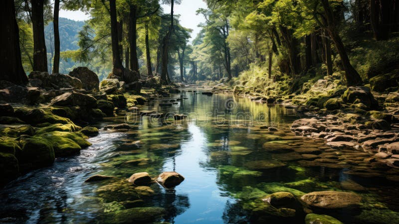 Scoprite una gemma nascosta nel cuore dell'oasi della foresta di Naturea dove una magnifica cascata si getta in una serena e limpi illustrazione vettoriale