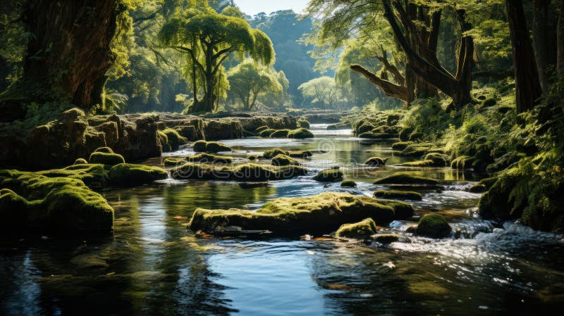 Scoprite una gemma nascosta nel cuore dell'oasi della foresta di Naturea dove una magnifica cascata si getta in una serena e limpi royalty illustrazione gratis