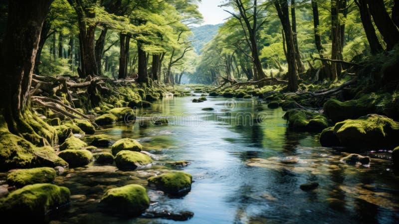 Scoprite una gemma nascosta nel cuore dell'oasi della foresta di Naturea dove una magnifica cascata si getta in una serena e limpi illustrazione vettoriale