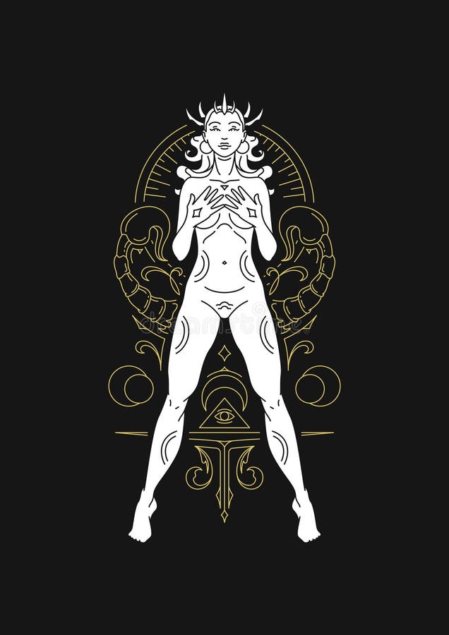 Scorpio woman goddess mythology zodiac astrology line art deco silhouette vector illustration stock illustration