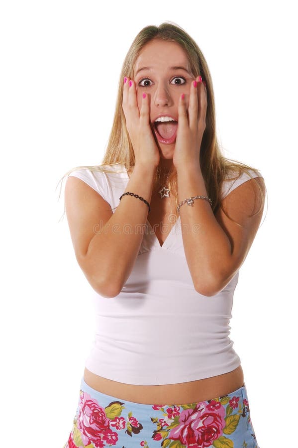 blond model with an expression of shock,fright or surprise. Isolated over white. blond model with an expression of shock,fright or surprise. Isolated over white