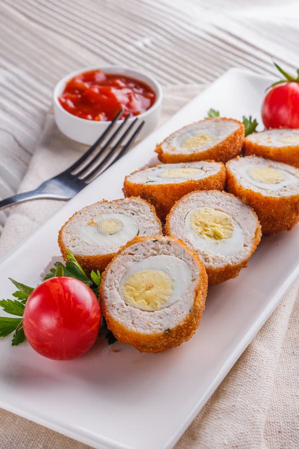 Scotch Egg Meat Balls on Rustic Wooden Background Stock Photo Image