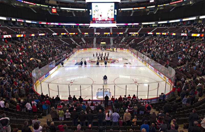 Players and fans stand for the National Anthem on Canadian Thanksgiving at Scotiabank Place before the Ottawa 67's and Sudbury Wolves ice hockey match on Ottawa, October 7 2012.