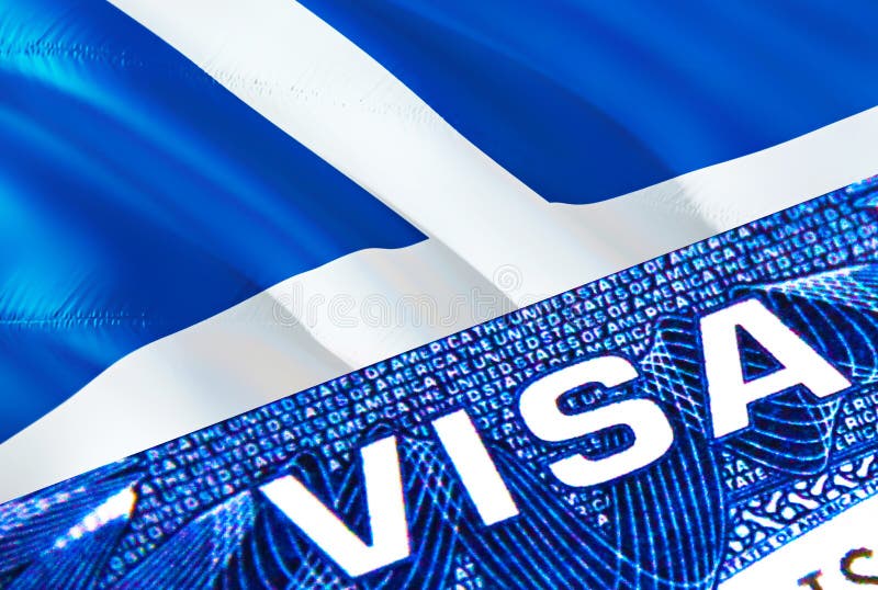 Scotland visa document close up. Passport visa on Scotland flag. Scotland visitor visa in passport,3D rendering. Scotland multi vector illustration