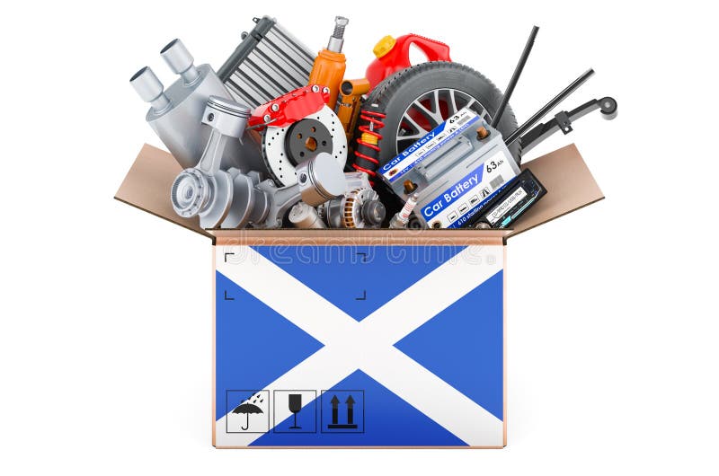 Scottish Flag Painted on the Parcel with Car Parts. 3D Rendering Stock