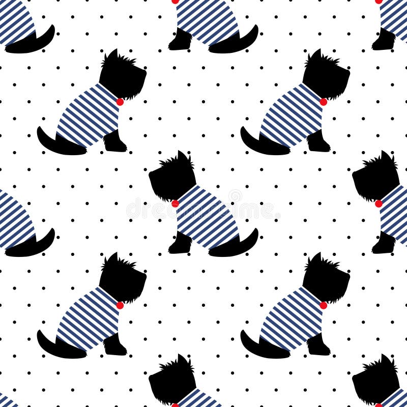 Scottish terrier in a sailor t-shirt seamless pattern. Sitting dogs on white polka dots background.