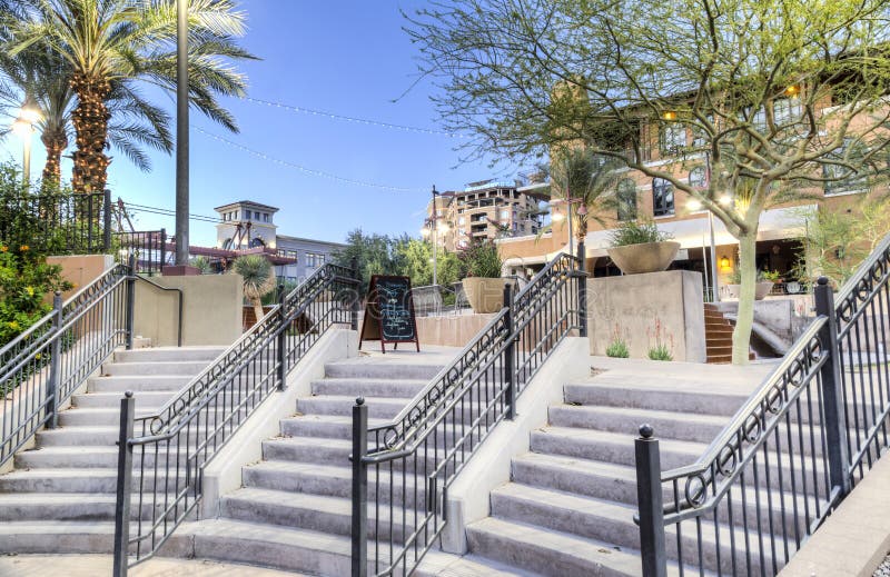 The Waterfront District of downtown Scottsdale Arizona looking toward South Bridge from Stetson Drive. The Waterfront District of downtown Scottsdale Arizona looking toward South Bridge from Stetson Drive.