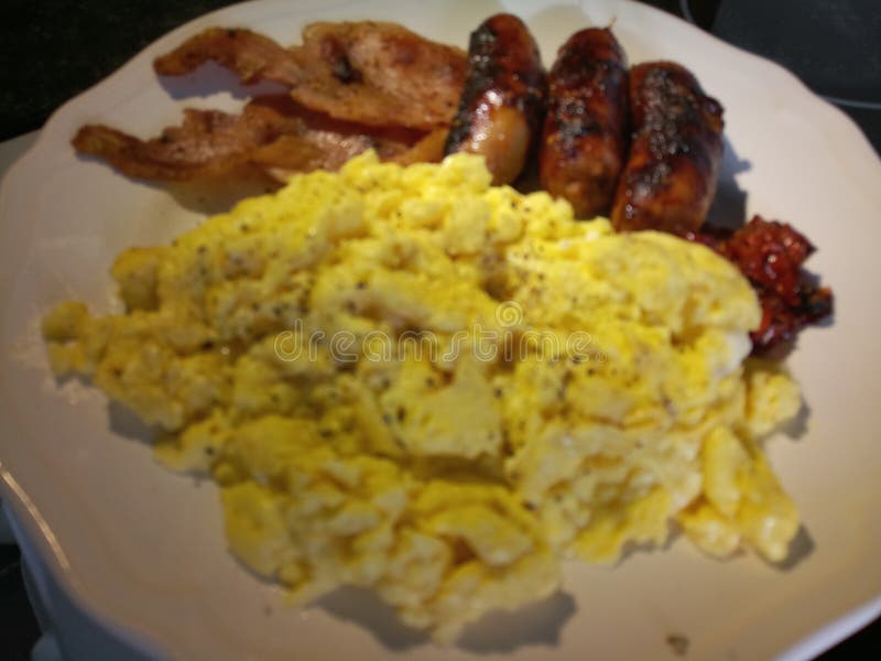 Scrambled Egg, Bacon and Pork Sausages Stock Photo Image of breakfast, bacon 103510882