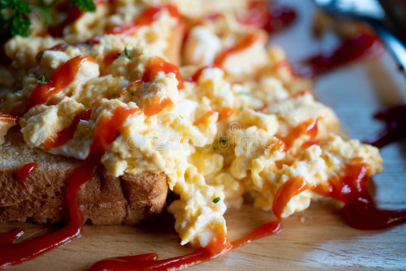Scrambled Egg Served with Toast and Sauce Tomato Stock Photo Image of