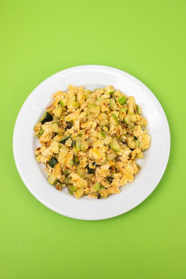 Scrambled Egg with Zucchini on White Small Plate Stock Image Image of
