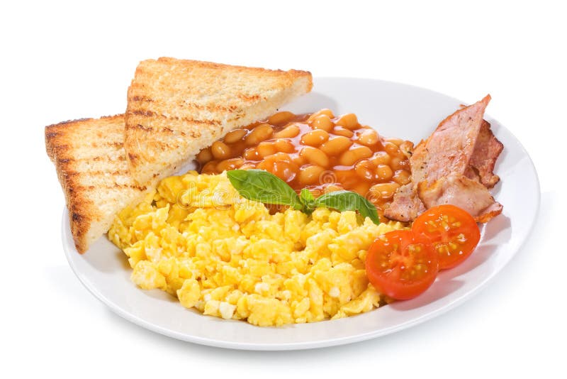Scrambled eggs with bacon and vegetables stock photos