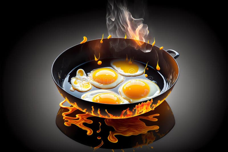 Scrambled Eggs in a Pan with the Gas Flame Covering the Pan (AI Generated) Stock Illustration