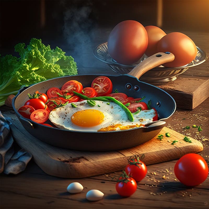 Scrambled Eggs in a Castiron Skillet on a Large Wooden Table. Tomatoes