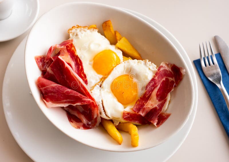 Scrambled Eggs with Ham and French Fries Stock Image Image of bacon