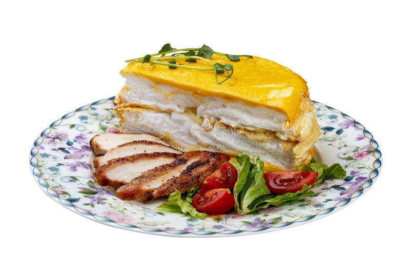 Scrambled Eggs Layered with Fried Chicken Breast and Fresh Vegetables