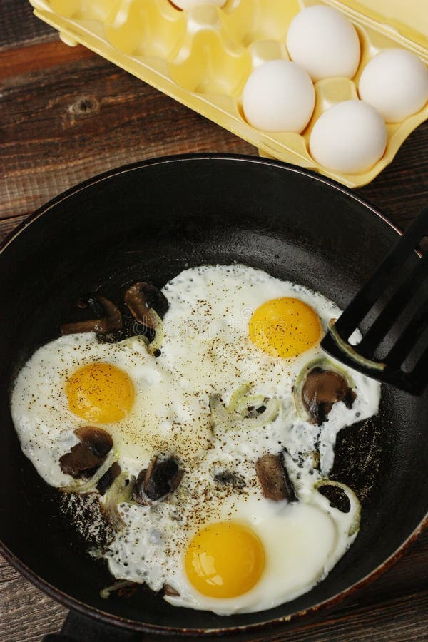 Scrambled Eggs with Mushrooms and Onions Macro Stock Image - Image of