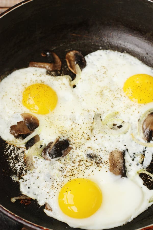 Scrambled Eggs with Mushrooms and Onions Macro Stock Image - Image of
