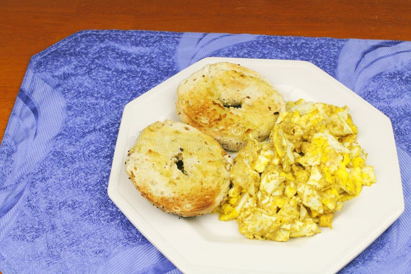 Scrambled Eggs with Mustard and Buttered Bagels Stock Photo Image of butter, fresh 93817434