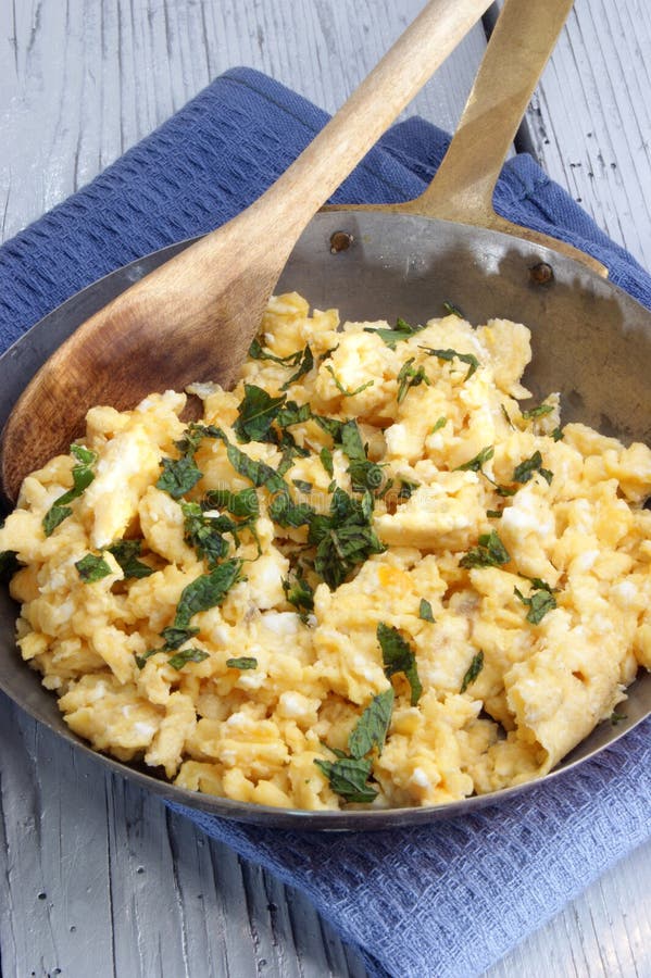 Scrambled Eggs in a Pan with Chopped Mint Stock Photo Image of brass, breakfast 20792526