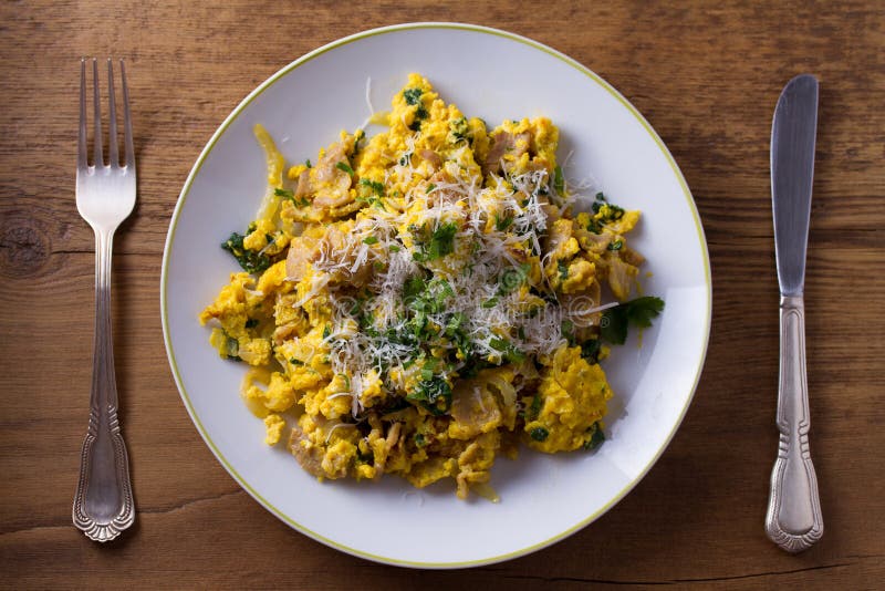 Scrambled Eggs with Pancetta, Spinach, Onion and Parmesan. Omelette