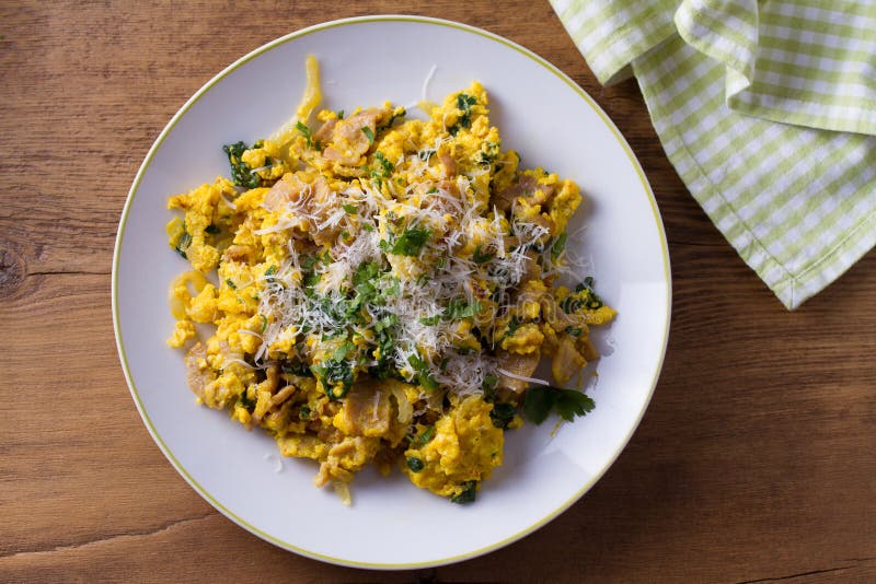 Scrambled Eggs with Pancetta, Spinach, Onion and Parmesan. Omelette