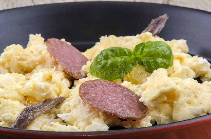 Scrambled Eggs with Salami and Anchovy in a Pan Stock Image Image of
