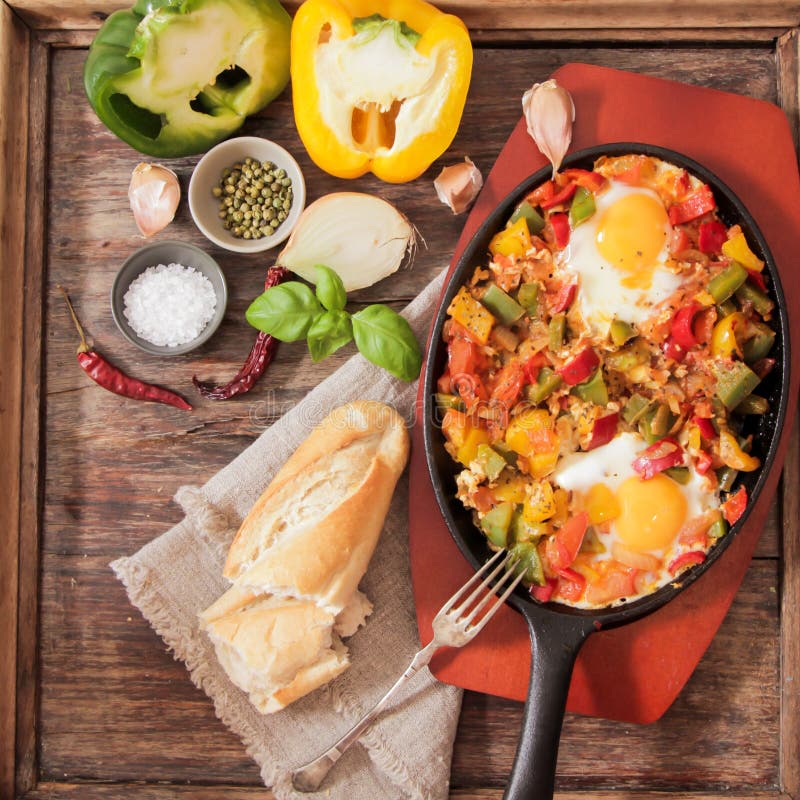 Scrambled Eggs with Tomato and Peppers Traditional Breakfast Stock Photo Image of letscho