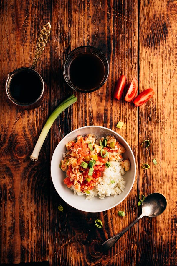White Rice with Scrambled Eggs with Chicken and Green Onion Stock Image
