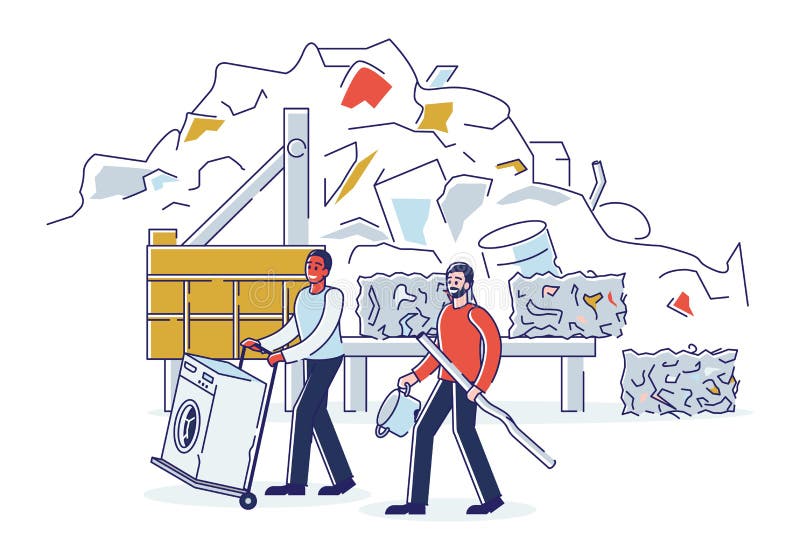 Scrap Metal Concept. People Bring Old Metal Things And Broken Washing Machine On Cart to Metal Recycling Plant vector illustration Scrap Metal Concept. People Bring Old Metal Things And Broken Washing Machine On Cart to Metal Recycling Plant vector illustration