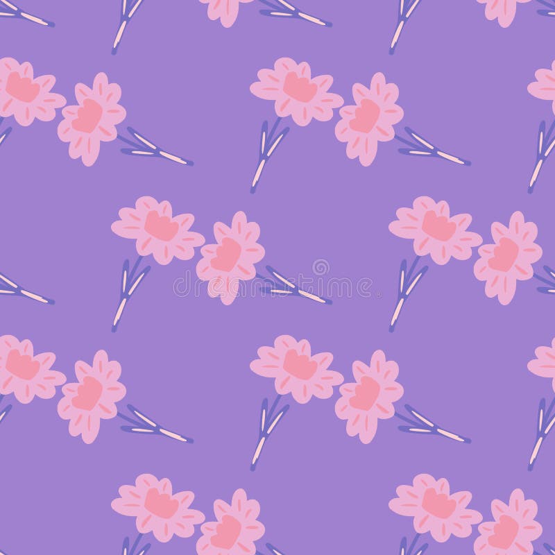 Scrapbook Nature Meadow Seamless Pattern with Pink Colored Flower Print.  Pastel Purple Background Stock Vector - Illustration of graphic, drawn:  210467116